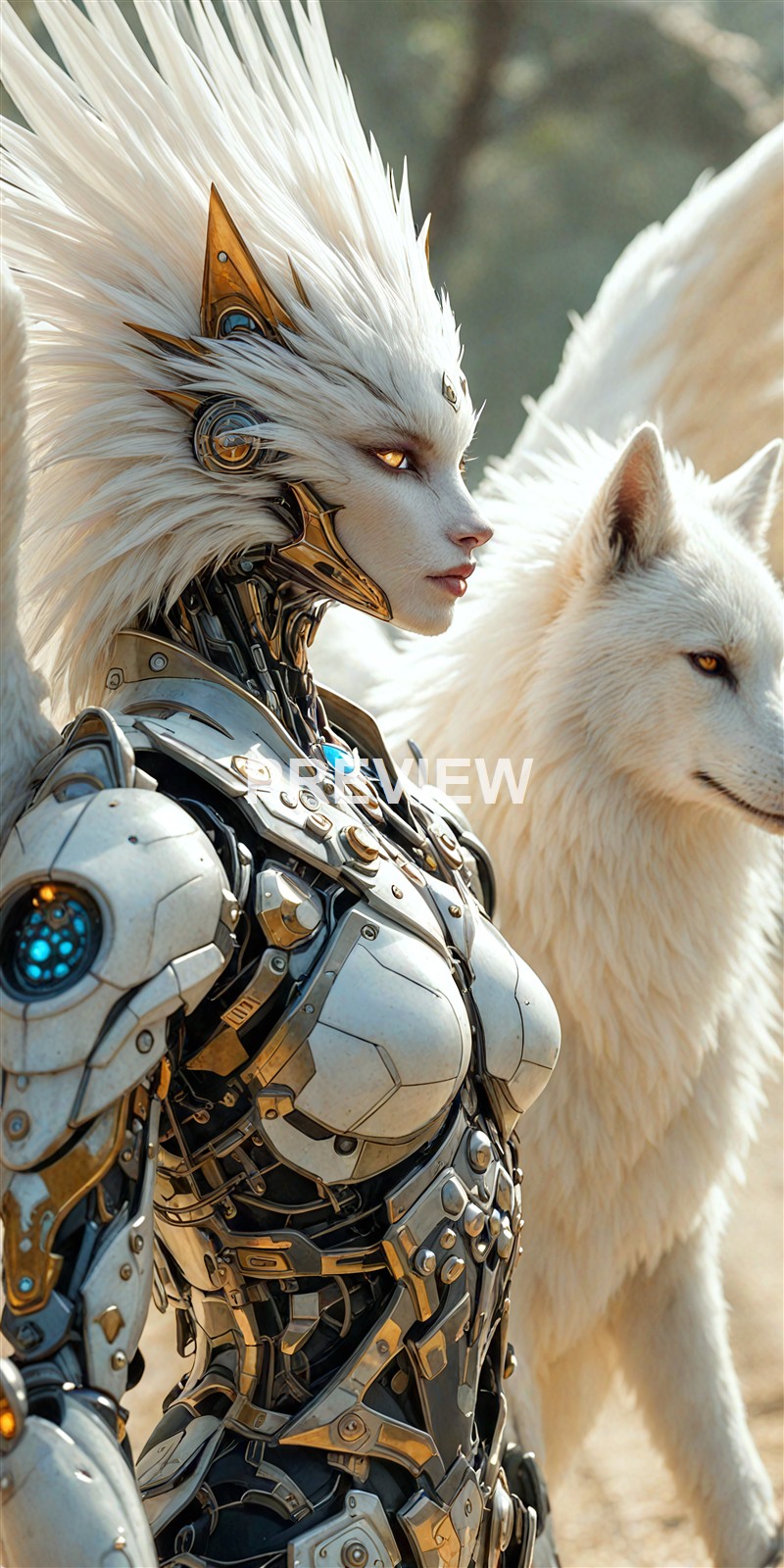 A humanoid figure with a blend of human and robotic features, having a feline-like face with white fur, golden eyes, and intricate mechanical armor covering her body, standing next to a large, white, wolf-like dog in a natural outdoor setting.